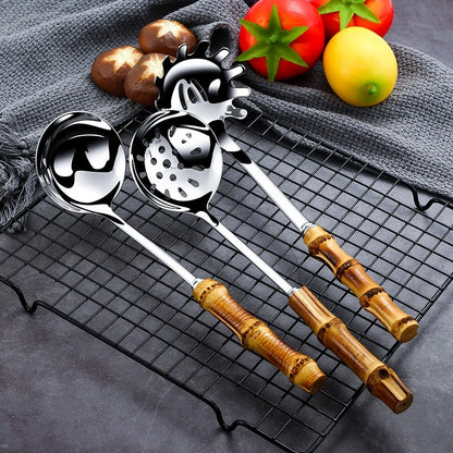 Stainless Steel Colander Spoon with Bamboo Handle | Noodle & Pasta Strainer