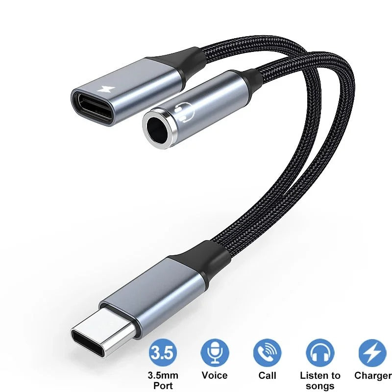 Multifunctional cable with USB-C, 3.5mm, and headphone jack connectors on a white background.