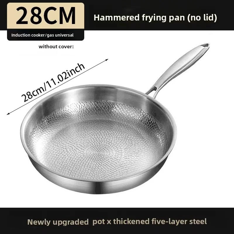 Hammered Stainless Steel Frying Pan Non Stick Skillet Induction Gas 26 28 30cm