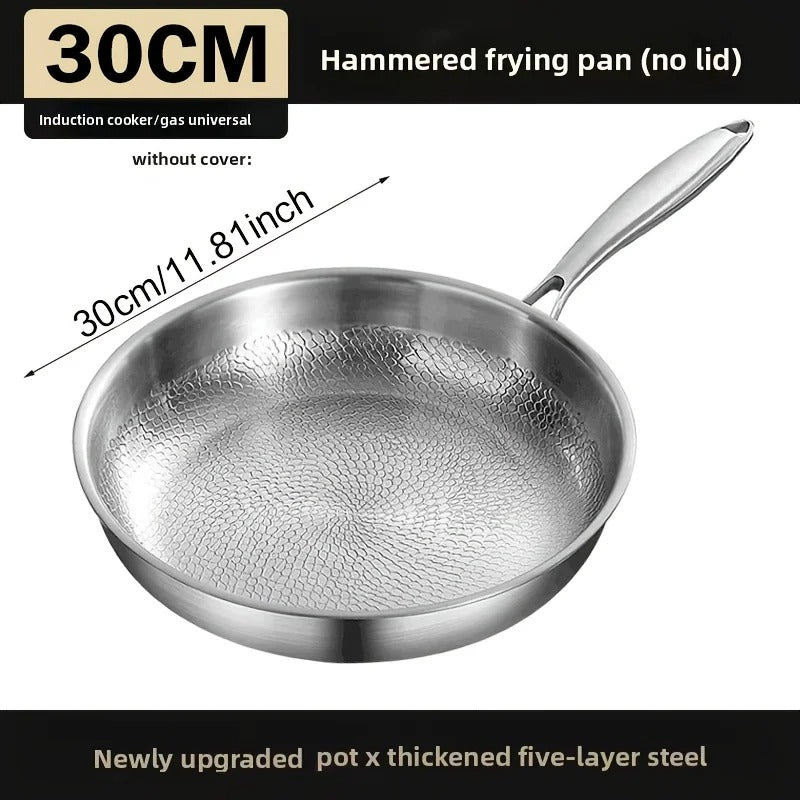 Hammered Stainless Steel Frying Pan Non Stick Skillet Induction Gas 26 28 30cm