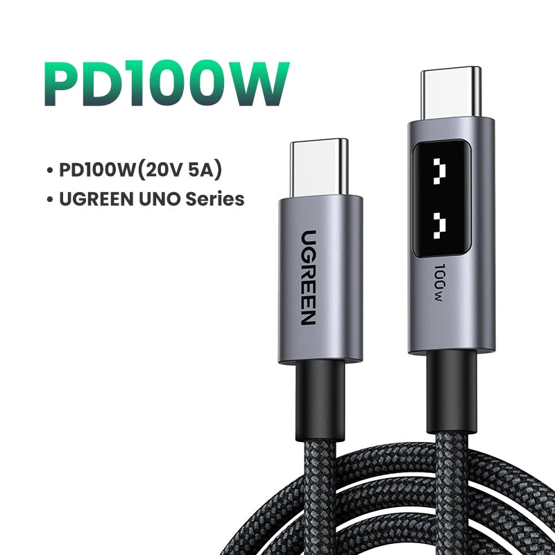 UGREEN USB-C cable with PD100W specifications on a white background