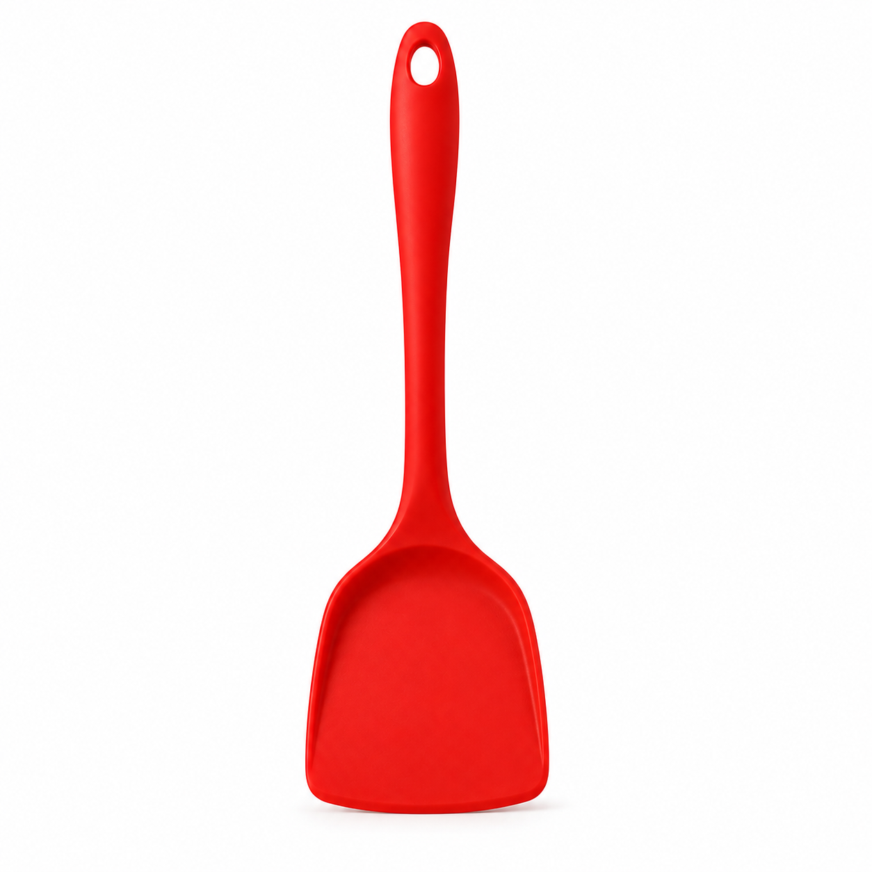 A bright red silicone spatula with a long handle and a hanging hole, shown against a plain white background.