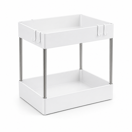 A white two-tier kitchen organizer cart with slim silver metal legs and small hanging hooks on the top tray, shown on a clean white background.
