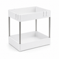 A white two-tier kitchen organizer cart with slim silver metal legs and small hanging hooks on the top tray, shown on a clean white background.